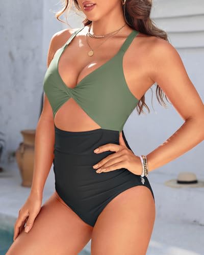 Image of Tempt Me Women One Piece Swimsuits Tummy Control Cutout Bathing Suits Ruched V Neck Twist Front Swimwear