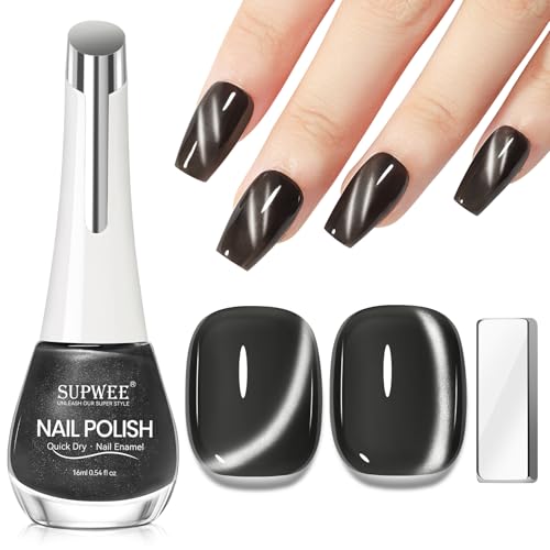 SUPWEE Black Cat Eye Nail Polish Non Gel, Magnetic Nail Polish Lacquer Quick Dry Shimmer Glitter Effect with Magnet Air Fast Dry Manicure DIY Salon 16ml/0.54 oz