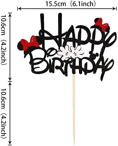 SYKYCTCY 1 Pack Mini Inspired Happy Birthday Cake Toppers with Glitter Bow Mini Mouse Inspired Cake Pick Decorations for Baby Shower Kids Birthday Party Decorations Supplies