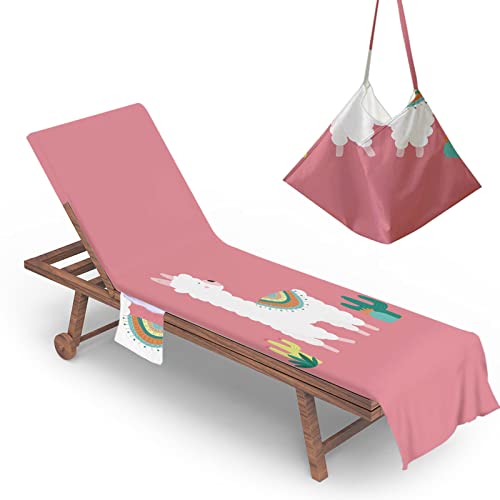 RRrawgff Sun Lounger Beach Towel with Pockets, Alpaca Pattern Beach Lounger Towel Beach Chair Cover Towel Fitted Microfiber Sunbed Towel Sun Lounger Towels for Summer Vacation (Pink)