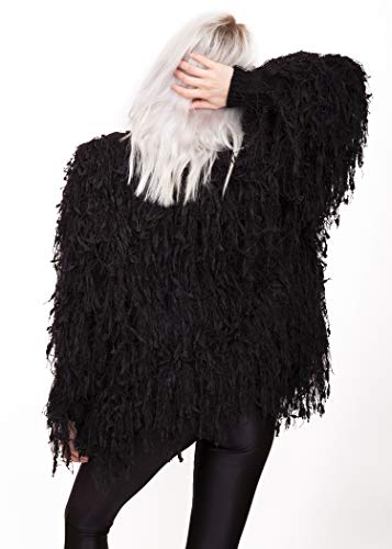 Women's Fringe Shaggy Faux Fur Open Jacket Cardigan Small Black #TOP2