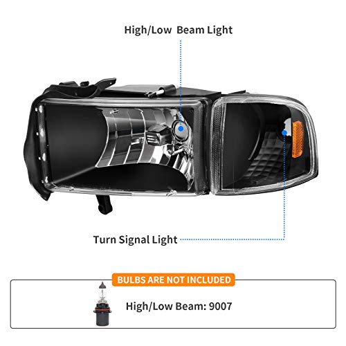 Dwvo Headlights Assembly Compatible With 1994-2001 Dodge Ram 1500/1994 1995 1996 1997 1998 1999 2000 2001 2002 Dodge Ram 2500 3500 Replacement Headlamps Black Housing Amber Reflector Clear Lens #TOP1