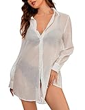 Ekouaer Women White Button Down Sleep Shirt See Through Nightshirts Sleepwear,Small White