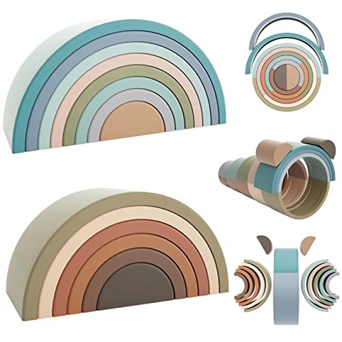 Image of TOYHDAYO Rainbow Stacker 14PC Early Childhood Montessori Toys Nesting Puzzle Building Blocks Silicone Stacking Toys Educational Toys 2 Set