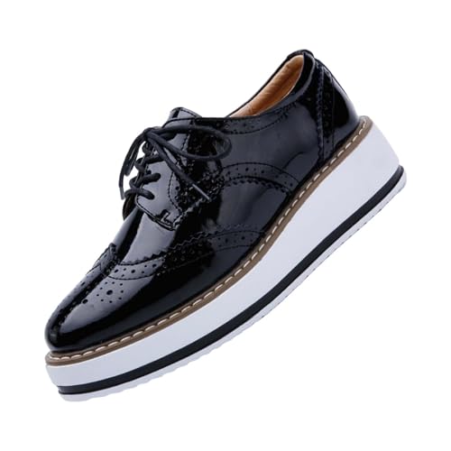 Chaussures Oxford à plateforme pour femme, classiques, en cuir épais, avec bouts ailés arrondis, baskets à lacets, avec talons compensés, chaussures de...