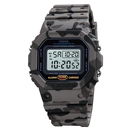 TONSHEN Unisexo Sport Reloj de Pulsera Outdoor Militares Digitales Deportivo 50M Impermeable Plastico Relojes LED Electrónica Doble Tiempo Alarma Cuenta Regresiva Cronómetro (Gris Camo)