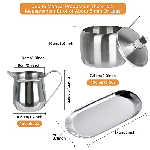 Sugar And Creamer Set, Coffee Serving Set, Stainless Steel Latte Milk Cup Cream Jug And Sugar Bowl With Lid And Spoon Tray Server For Coffee Tea Pepper Spices #TOP1