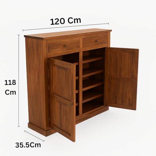 Image of Solid Sheesham Wood Shoe Cabinet with 2 Doors & 2 Drawers | Entryway Shoe Rack Storage Organizer | Natural Finish | 20 Pairs | No Assembly Required