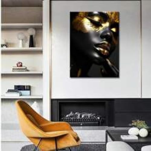 Portrait femme africaine noir et or grand format pour mur vide salon - 3