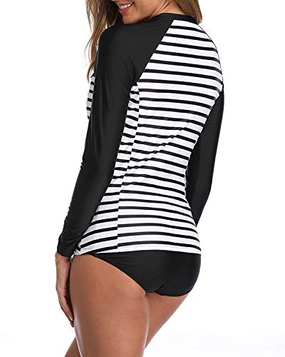 image for Daci Women Stripe 2 Piece Rash Guard Long Sleeve Zipper Bathing Suit w