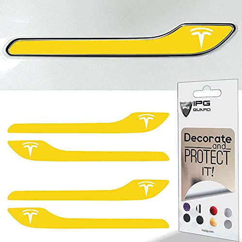 Image of IPG Compatible for Model 3 / Model Y /Juniper Door Handle Decal Sticker Wrap Kit (Set of 4) with Tesla Logo Personalize Your Tesla (Gloss Yellow)