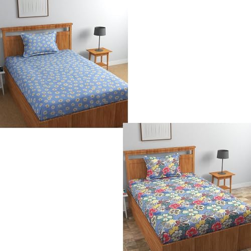 Image of Glace Cotton 220 tc Flat Single Bedsheets Combo Pack of 2 Bed Sheet for Breathable | Wrinklefree Super Soft (Size-60 X 90 Inch) with 2 Pillow Covers (Size-17 X 27 Inches) - Sky&Multi