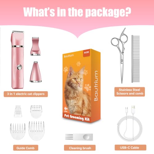 Image of Cat Grooming Clippers Kit with Paw Trimmer, 3 in 1 Electric Pet Hair Trimmer Supplies for Thick Matted Hair, Heavy Coat Butt Shaver Cat Razor Fur Trimmer for Dogs at Home (Pink)