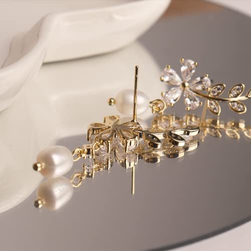 Sonateomber Flower Leaf Ear Crawler Stud, Gold Dainty Curved Olive Leaves Climber Dangly Freshwater Pearl Drop Dangle Earrings For Women Girls Elegant Sparkly Rhinestone Crystal Cartilage Prom Wedding Bridal Jewelry Gifts #TOP5