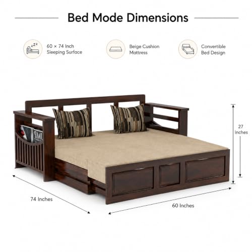 Image of Douceur Furnitures Solid Sheesham Wooden 3 Seater Sofa Cum Bed with Mattress,Cushions & Side Pockets,Wood Foldable Convertible Sofa 3 Seater Diwan Cum Bed for Living Room & Office|Walnut Finish