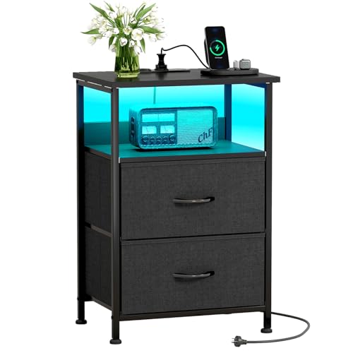 CAIYUN Nachttisch mit LED & Ladefunktion, Beistelltisch mit Schublade, Nachttische mit 2 AC-Anschlüsse & 2 USB C Anschlüssen, Beistelltische fürs Wohnzimmer, Schlafzimmer (Schwarz)