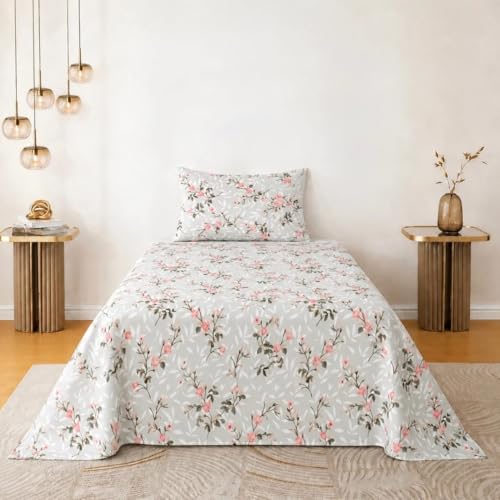 Image of Jaipur Weaves Single Bed Cotton Bedsheet with 1 Pillow Cover, 100% Pure Cotton Single Bedsheet 60x90 Inches, 240 TC Soft Breathable Bed Sheet - (Spring Tulips Grey)