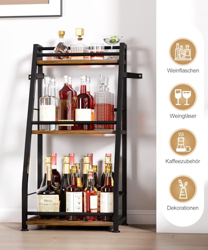 Yorbay 3-Stöckiges Freistehendes Weinregal mit Geländer: Modern Metall-Holz Flaschenregal für Wein und Weingläser - Trapezförmiges Weinflaschenhalter für Bar Küche Esszimmer