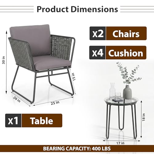Image of BRISHI Garden Patio Seating Chair and Table Set Outdoor Balcony Garden Coffee Table Set Furniture with 1 Table and 2 Chairs Set with Cushion Braid & Rope (Dark Grey)