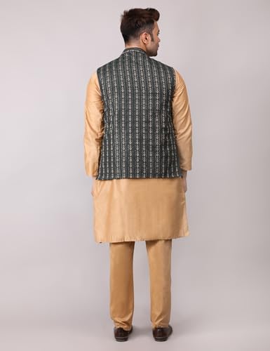 Image of Men's Cotton Silk Blend Regular Kurta Pyjama, Embroidered Nehru Jacket /Waistcoat Set