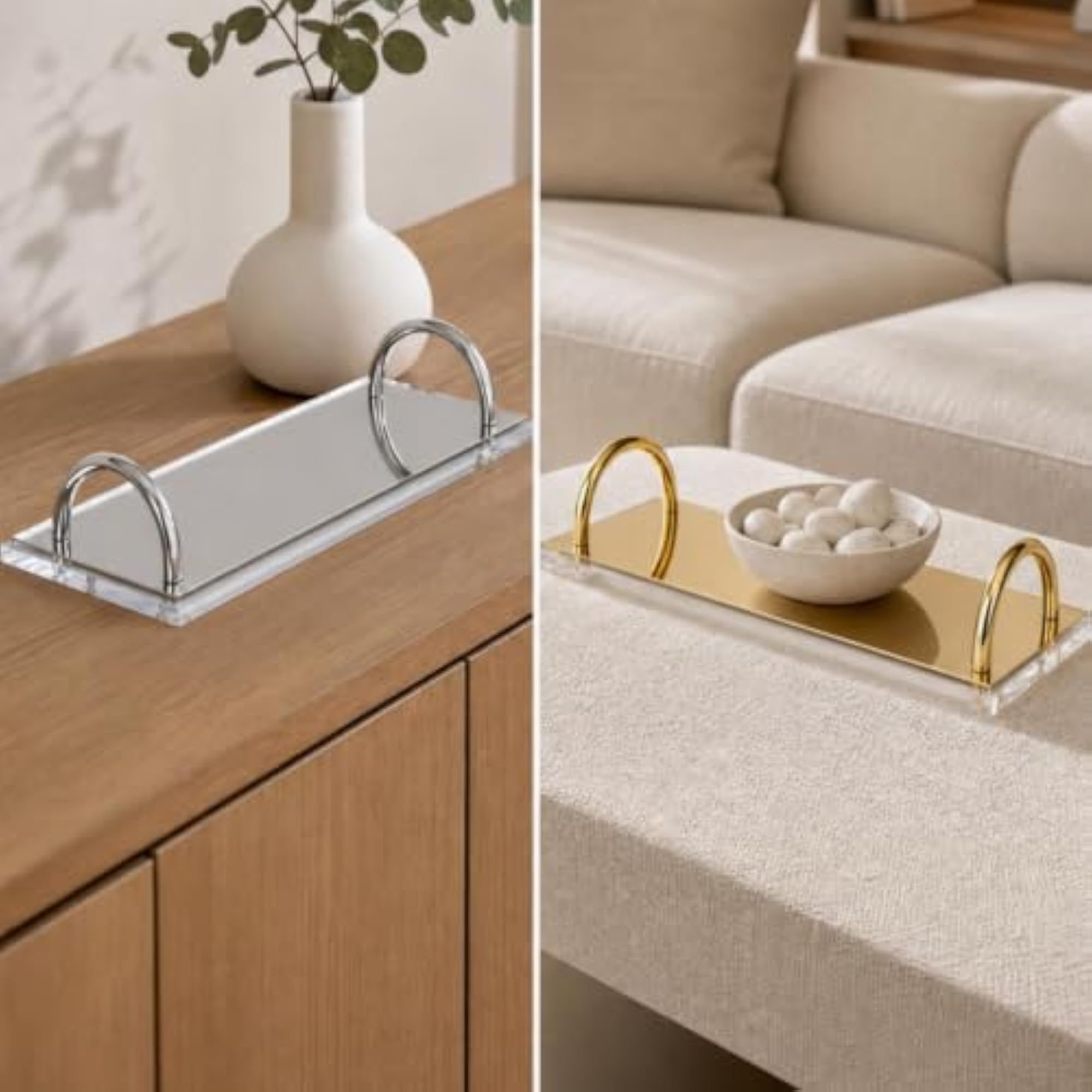 Rectangular Acrylic Tray with Metal Handles for Living Room