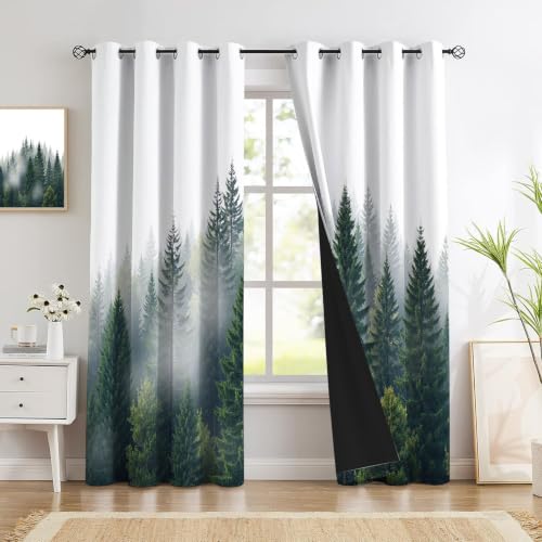 Rideau pour salon décoration anti froid motif forêt brumeuse en polyester