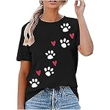 Camiseta para mujer con huella de perro y corazón, cuello redondo, manga corta, para tiempo libre, verano, Negro , XL
