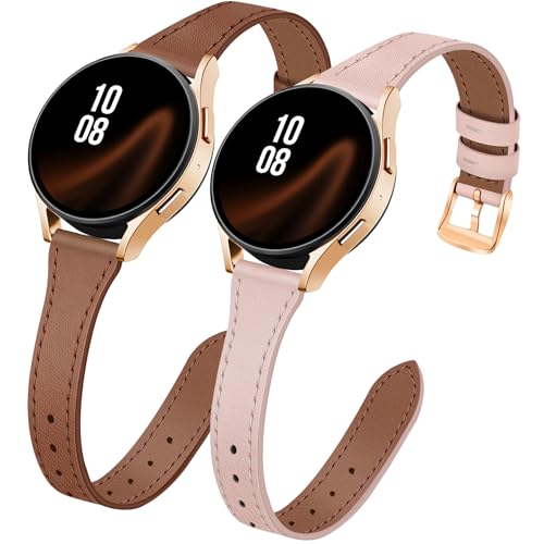 JR.DM 2 Pack Slim Leather Bands Women Compatible with Samsung Galaxy Watch 7/6/5/4/Active 2/4 Classic/6 Classic/5 Pro/FE 40mm 42mm 43mm 44mm 45mm 46mm 47mm, Top Leather Soft Watch Thin Straps，20mm
