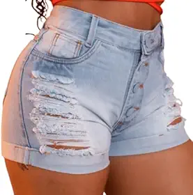 Short Jeans Feminino Lavagem Clara Cintura Alta 4 Botões Cobertos Barra Dobrada Destroyed