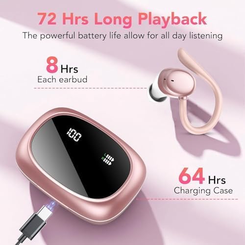 Diagram showing the earbuds and charging case, indicating 8 hours of playback per earbud and 64 hours from the charging case, with a Type-C cable connected.