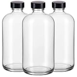 3 Pack,16 OZ Clear Glass Bottles Boston Round Sample Refillable Bottles with Black Caps, Perfect Glass Containers for kombucha, Secondary Fermentation,Storing condiment,Homemade Essential Oils