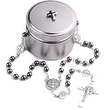 HanlinCC 6mm Hematite Stone Black Beads Saint Benedict Catholic Rosary Necklace with Titanium Metal Cross Gift Box for Men Women (Silver)
