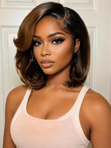 Image of KLAIYI Bye Bye Slip Ombre Brown Layered Bob Straight Wig Human Hair Glueless Side Part Pre Cut 7x5 Lace Front Pre Plucked Bleached Knots Drawstring 30S Ready to Wear and Go Wig with Dark Roots 10Inch