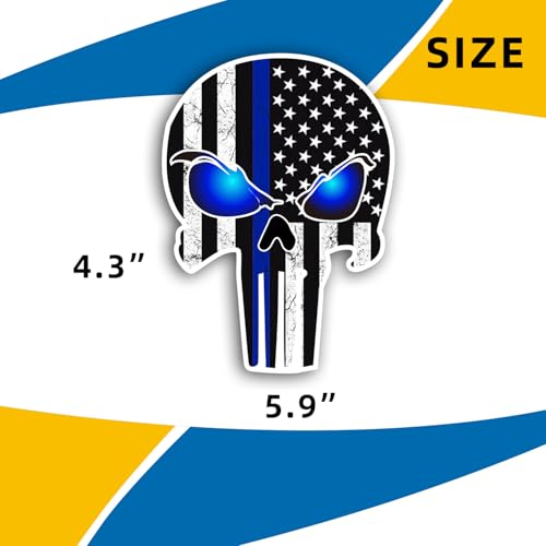 Image of Punisher Skull Tattered Subdued US Flag Reflective Magnet Decal with Thin Line Car Sticker, Truck Accessories (Black with Blue)