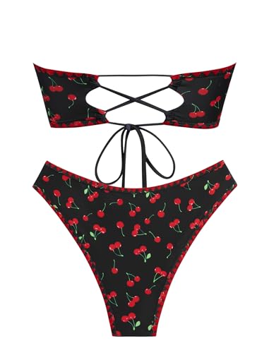 Image of ZAFUL Women Strapless Textured Bandeau Bikini 2 Piece Swimwear Cheeky Solid Lace up Bathing Suits