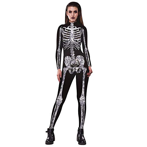 JJEUWE Women's Skeleton Halloween Bodysuit Costume Stretch Skinny Catsuit Jumpsuit L
