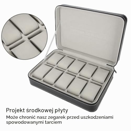 Pudełko na Zegarek z 10 Miejscami, Pudełko na Zegarek, Pudełko do Przechowywania Zegarków 10 Siatek Etui Podróżne na Zegarek Zamek Podróżny Pojemnik Kolekcjonerski Organizer