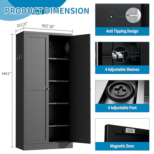 Image of 61 inch H Black Metal Kicthen Pantry Storage Cabinet 5-Tier Cupboard | Tall Metal Cabinets for Kitchen, Living Room, Garage, Heavy Duty Freestanding Utility Cabinet, Assembly Require