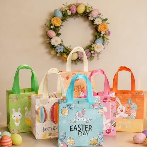 YUNNINGMENG 6 Stück Geschenktüten Ostern, Ostereiersuche Taschen mit Griffen, Oster Leckerei Taschen, multifunktionale Non-Woven Ostertaschen zum Verpacken von Geschenken, Eiersuche, Partyzubehör