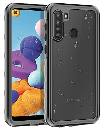 Lamcase Compatible with Galaxy A21 Waterproof Case, Built in Screen Protector Underwater Sealed Full Body Protection Shockproof Dustproof Snowproof Cover for Samsung Galaxy A21 (2020), Black/Clear