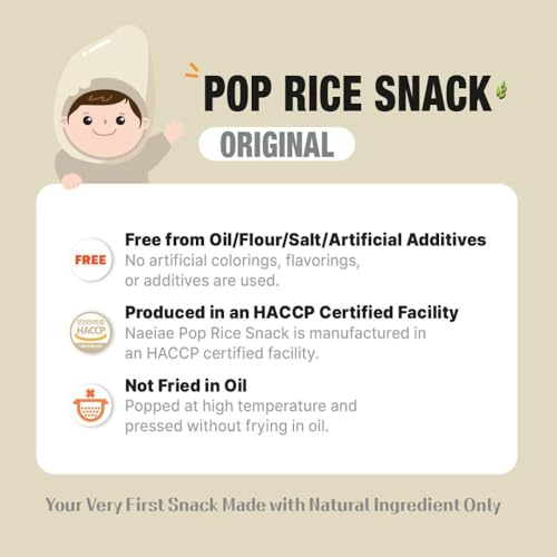 Naeiae Pop Organic Snack, Rice Puffs Teething Snack for Babies & Toddlers (100% Korean Rice, Naturally Gluten-Free, No Oil) Wholesome Baby Teether Food, Nutritious Finger Snacks for 6 Months to 2 Years, 5-Pack