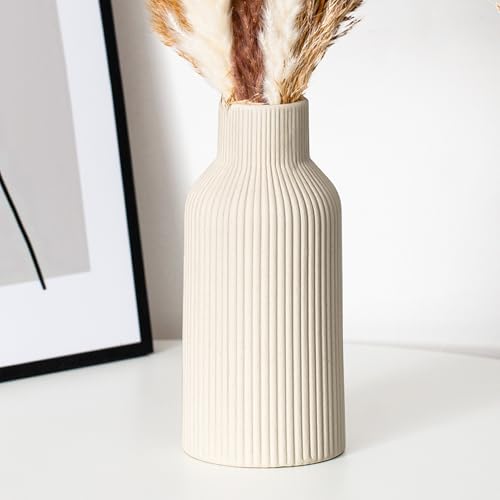 Hanaomaoyi Jarrón para Hierba de Las Pampas, 20 cm, Cerámica Negro Mate, Redondo, Diseño Moderno, Bohemio para Decoración, Flores, Salón, Dormitorio (Beige)