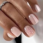 Pacchetto da 24 Unghie Artificiali Corte Quadrate, French Glitter Nudo, Acriliche Ballerina Con Adesivi e Colla per Donne