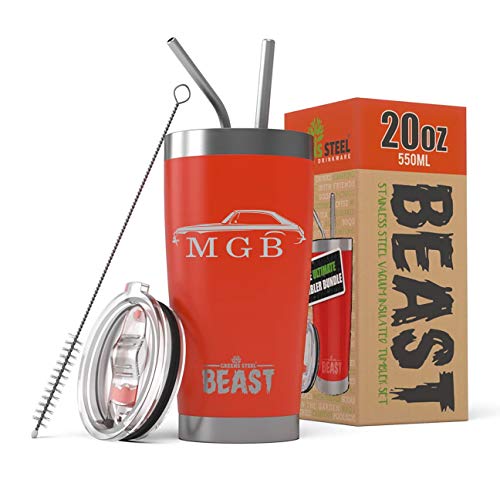 MG MGB Coupe Sports Car BEAST 20 oz Stainless Steel Insulated Tumbler w/Lid, 2 Straws, Brush and Gift Box red