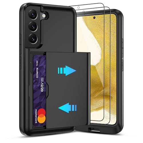 Image of Pilaru Sliding Card Holder Case for Samsung S22 Plus | Hidden Slot Cards | 2 screen protectors | Shockproof & Anti-Slip Protective Wallet Cover | Durable Dual-Layer Design for Galaxy S22 Plus,Black