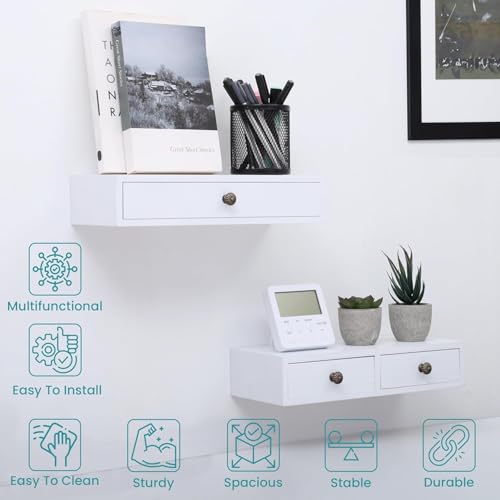 Image of W00YNEX Floating Shelves with Drawers: Wood Wall Shelves /Cabinets for Storage and Exhibition; Doubles as a Bedside or Nightstand Set of 2 in Vintage-