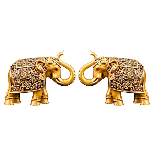 Artarium royal elephant family statue showpiece pack of 2 golden antique resin elephants