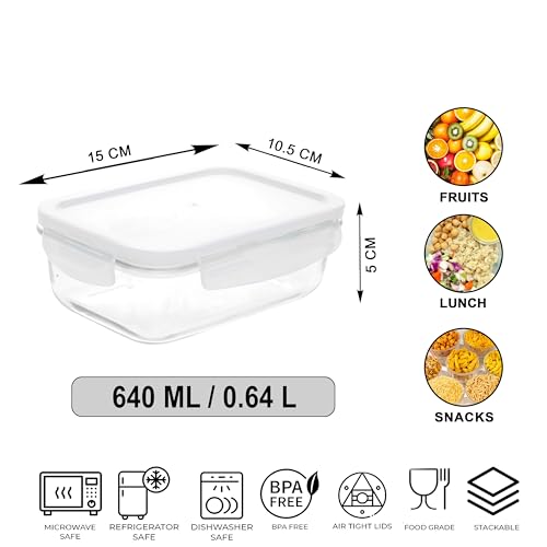 Image of Cutting EDGE 640ml Rectangular Borosilicate Glass Food Container (Set of 1) | food storage, meal prep, refrigerator use, microwave safe, transparent body, everyday kitchen home & office use