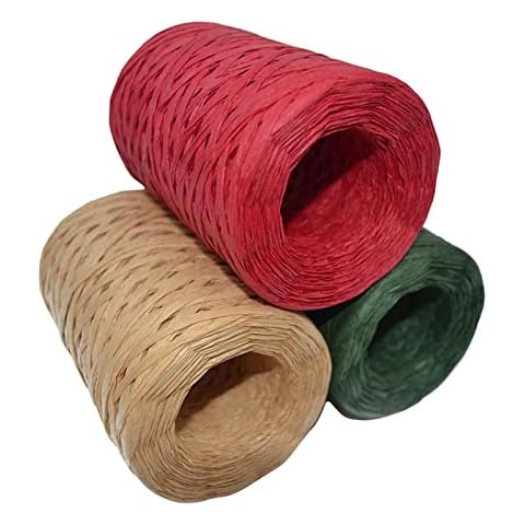 3 Rolls 100M Christmas Matte Raffia Paper Ribbon,Natural Red Green Raffia Paper Ribbon Xmas Raffia Twine Paper Ribbons Recyclable String Packing Ribbon Raffia Yarn for Gift Wrapping Cover