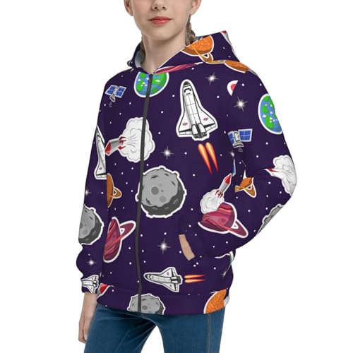 Rocket Satellite Kids Pullover Hoodies Boys Zip Up Sweatshirts Girls Athletic Clothes with Pocket